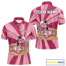 Load image into Gallery viewer, Men's golf polo mockup featuring distressed pink flamingo graphics, personalized golf polo for tournaments, golf teams, golf outings and country clubs. Appeals to bird lovers, tropical fashion enthusiasts, beach vacation travelers.