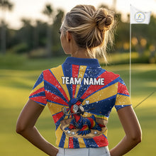 Load image into Gallery viewer, Female golfer wearing colorful parrot golf polo during golf league play, premium breathable golf apparel for tropical fashion lovers, bird enthusiasts and vacation travelers.