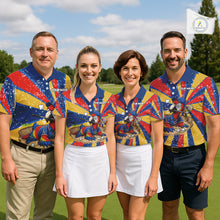 Load image into Gallery viewer, Personalized golf team wearing matching colorful parrot golf polos during tournaments and golf outings. S