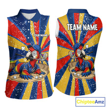 Load image into Gallery viewer, Women's colorful Parrot golf design on sleeveless polo mockup, personalized UPF golf apparel for golf tournaments, golf clubs and golf vacations. Perfect for parrot lovers, birdwatchers, wildlife enthusiasts, rainforest travelers. Represents freedom, intelligence, creativity and communication. Keywords: custom golf sleeveless polo, tropical golf shirt, golf team apparel.