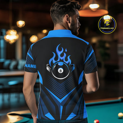 Blue Flaming 8 Ball Pool Polo & 1/4-Zip Team Shirt For Men Custom Billiards Ball Apparel NYN2465