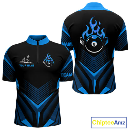 Blue Flaming 8 Ball Pool Polo & 1/4-Zip Team Shirt For Men Custom Billiards Ball Apparel NYN2465