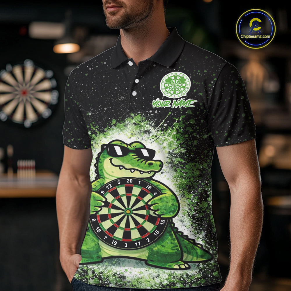 White And Green Funny Crocodile Hold Dartboard Dart Polo Shirts For Men Custom Dart Team Shirts NYN2675