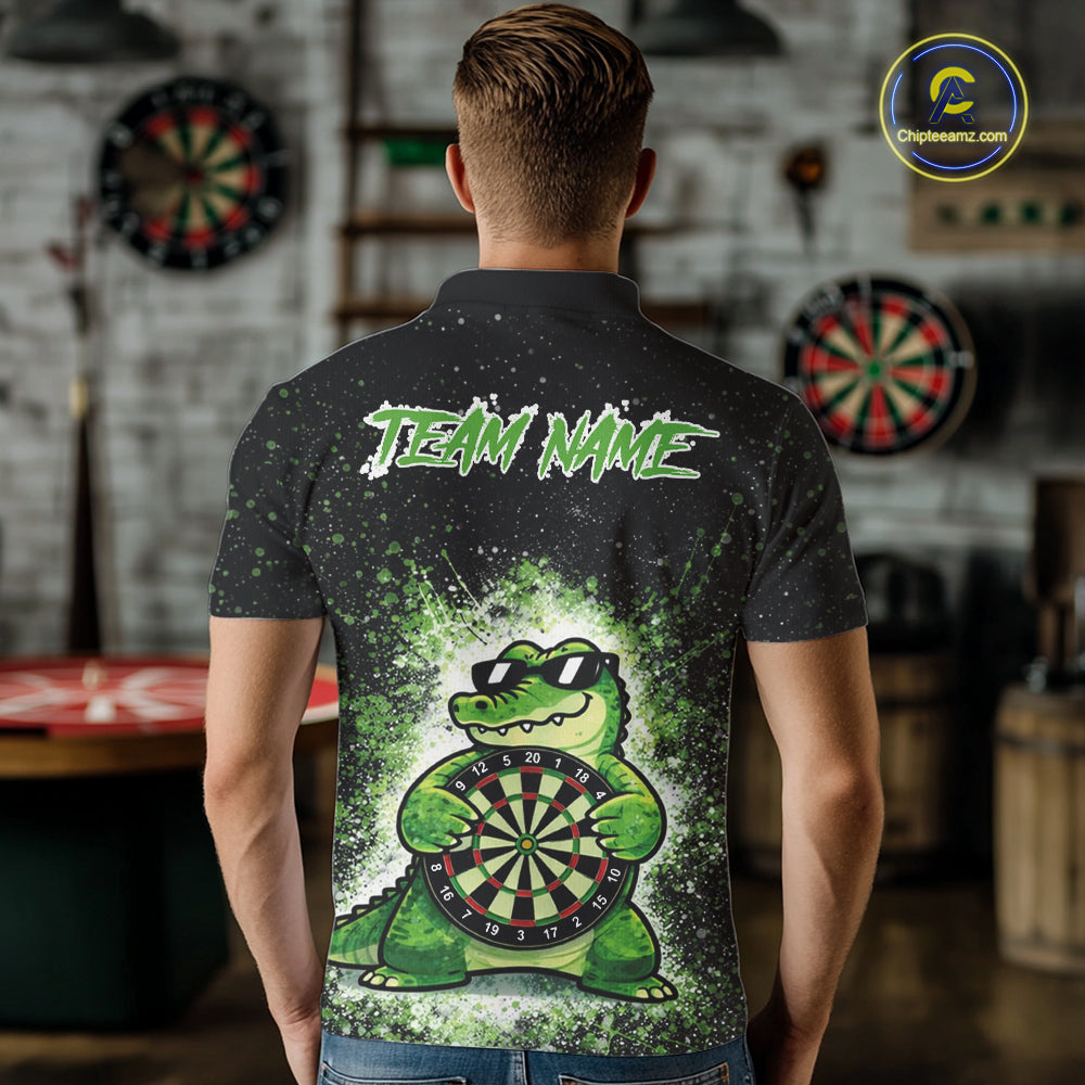 White And Green Funny Crocodile Hold Dartboard Dart Polo Shirts For Men Custom Dart Team Shirts NYN2675