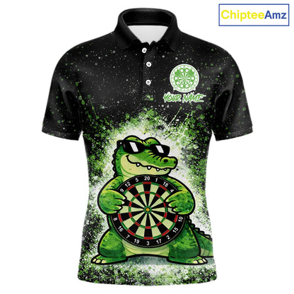 White And Green Funny Crocodile Hold Dartboard Dart Polo Shirts For Men Custom Dart Team Shirts NYN2675