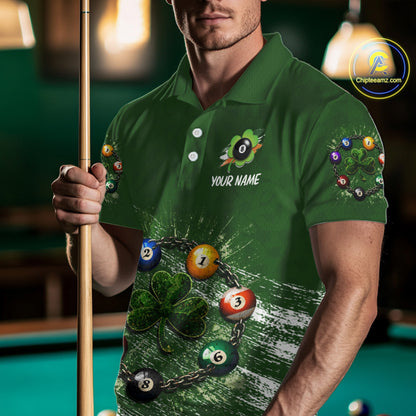 White Green Grunge Shamrock 8 Ball Men Billiards Shirt Personalized St Patrick's Day Pool Balls Shirt NYN2678