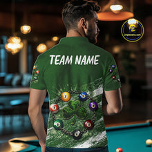 Load image into Gallery viewer, White Green Grunge Shamrock 8 Ball Men Billiards Shirt Personalized St Patrick's Day Pool Balls Shirt NYN2678
