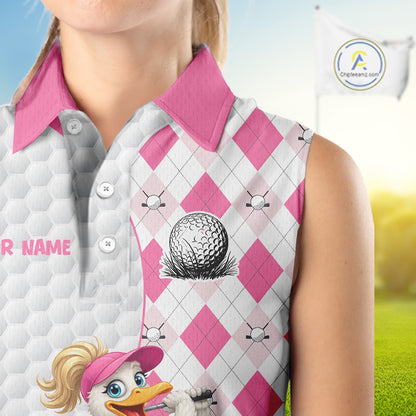 Custom Pink Argyle Golf Sleeveless Polo Shirts For Women Funny Duck Golfer Best Golf Clothing Shirts NYN3055