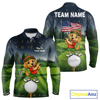 Men's American Flag Golden Retriever golf polo shirt mockup patriotic golf team outfit