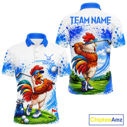 Men's funny rooster golfer golf polo shirt mockup blue splatter golf apparel