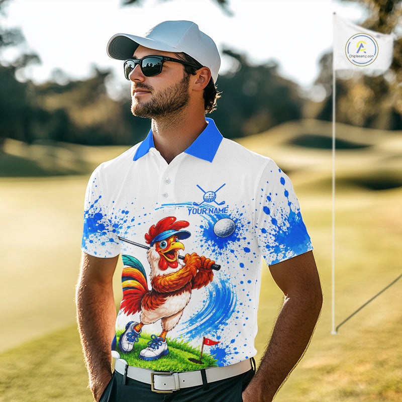 Man wearing rooster golfer golf polo shirt on golf course