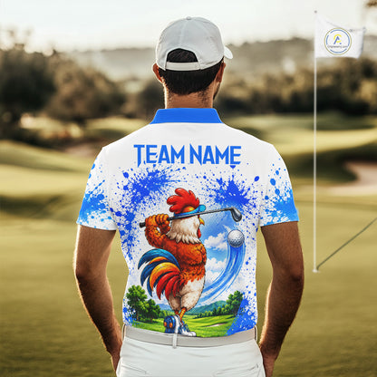 Man wearing rooster golfer golf polo shirt on golf course