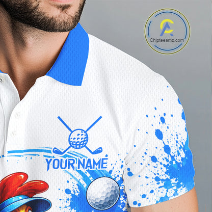 Man wearing rooster golfer golf polo shirt on golf course