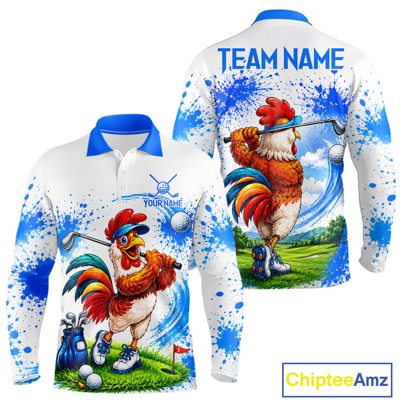 Men's funny rooster golfer golf polo shirt mockup blue splatter golf apparel