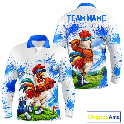Men's funny rooster golfer golf polo shirt mockup blue splatter golf apparel