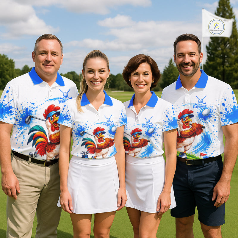 Men's golf team wearing blue splatter rooster golfer golf polo shirts
