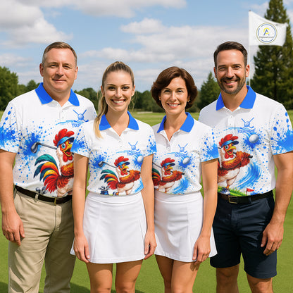 Men's golf team wearing blue splatter rooster golfer golf polo shirts