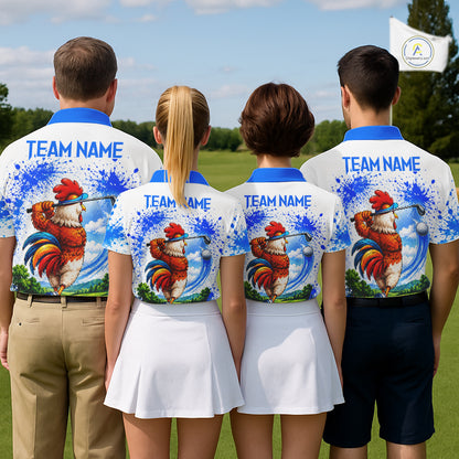 Men's golf team wearing blue splatter rooster golfer golf polo shirts