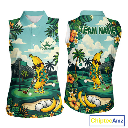 Women's funny banana golfer golf sleeveless polo shirt mockup monstera tropical golf apparel