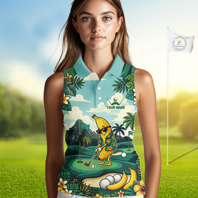 Woman wearing banana golfer golf sleeveless polo shirt on golf course