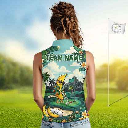 Woman wearing banana golfer golf sleeveless polo shirt on golf course