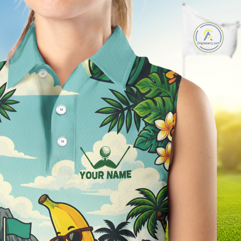 Woman wearing banana golfer golf sleeveless polo shirt on golf course