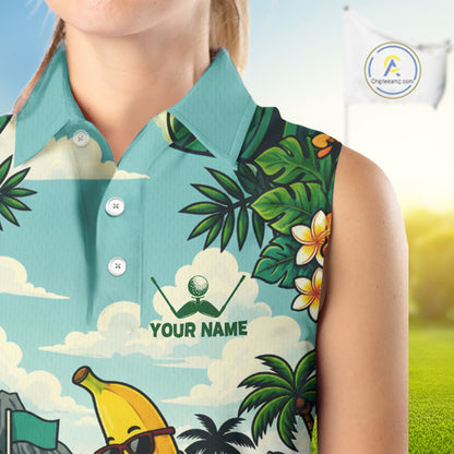 Woman wearing banana golfer golf sleeveless polo shirt on golf course