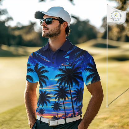 Man wearing tropical sunset palm tree golf polo shirt during golf outing