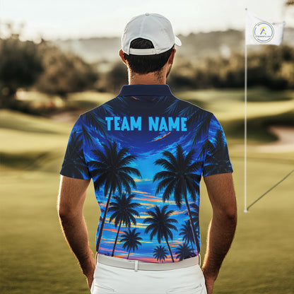 Man wearing tropical sunset palm tree golf polo shirt during golf outing