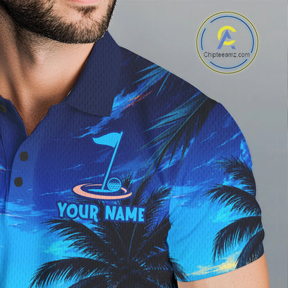 Man wearing tropical sunset palm tree golf polo shirt during golf outing