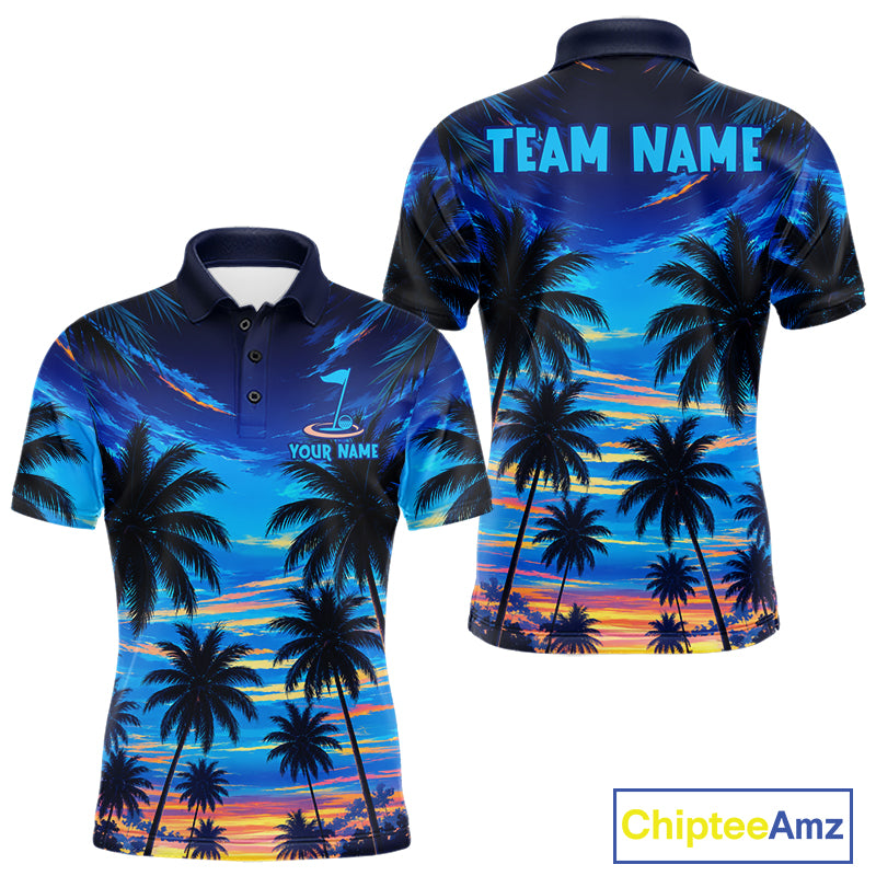 Men's sunset tropical palm tree golf polo shirt mockup personalized golf apparel