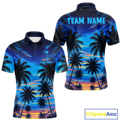 Men's sunset tropical palm tree golf polo shirt mockup personalized golf apparel
