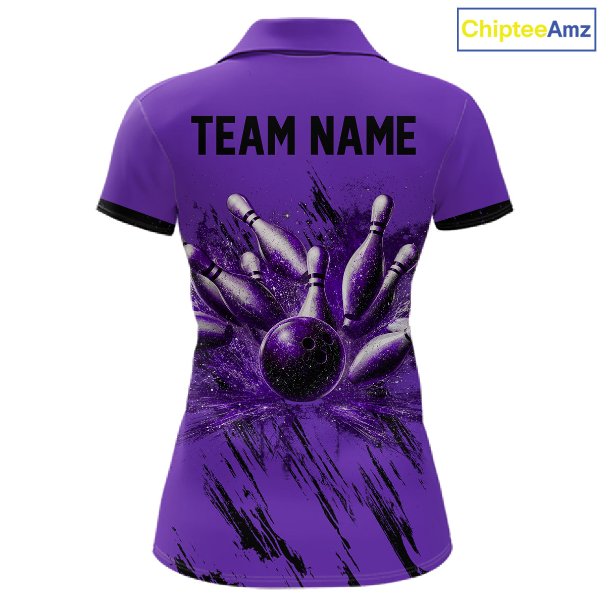 Woman wearing Retro Purple Argyle Bowling Polo Shirt with vintage argyle pattern, personalized bowling team apparel, retro bowling fashion, custom tournament polo, athletic performance clothing.