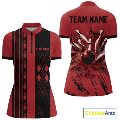 Woman wearing Retro Red Argyle Quarter-Zip Bowling Shirt featuring custom personalization, vintage bowling jersey, quick-dry athletic apparel.