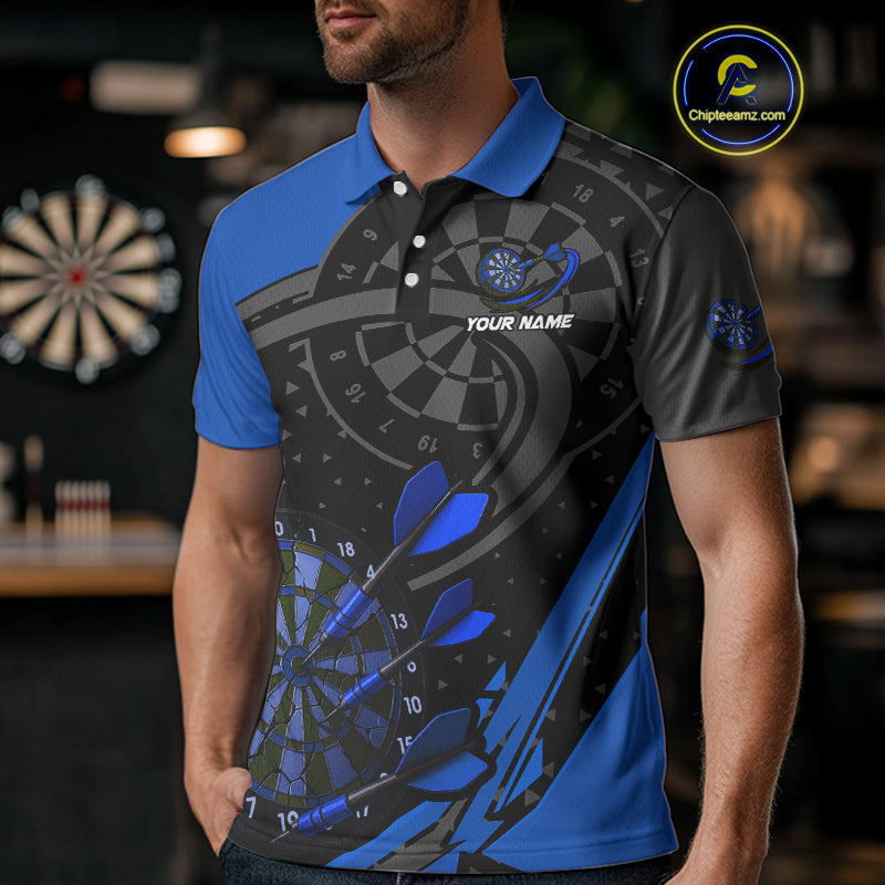 Custom Black & Blue Cracked Dartboard Men Dart Shirt Outfits Polo & 1/4-Zip Dart Jersey NYN1047