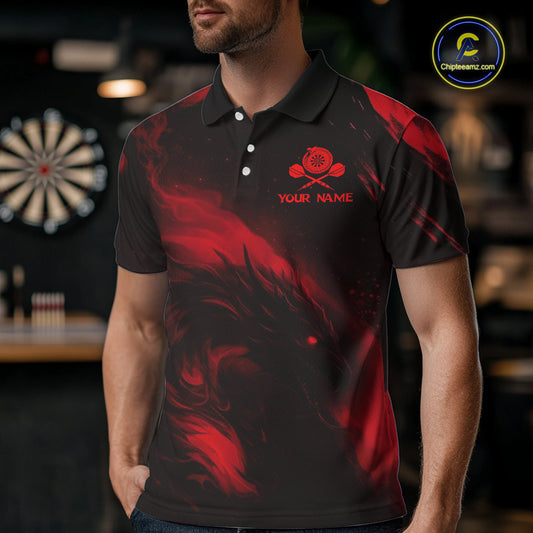 Personalized Black And Red Flames Dragon Dart Polo Shirts For Men Dart Team Jerseys NYN2189