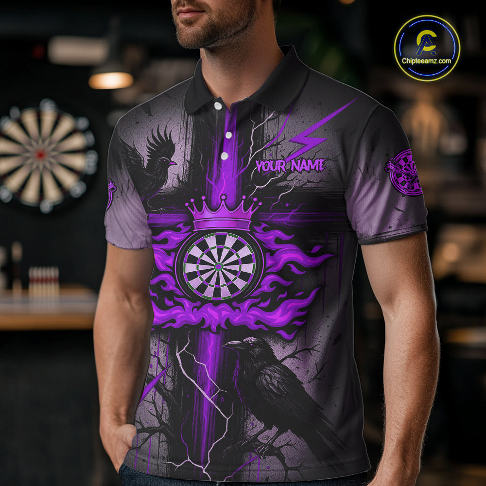 Personalized Raven Purple Flames Crown Darts Polo Shirts For Men Cross Dart Gothic Jerseys NYN2195