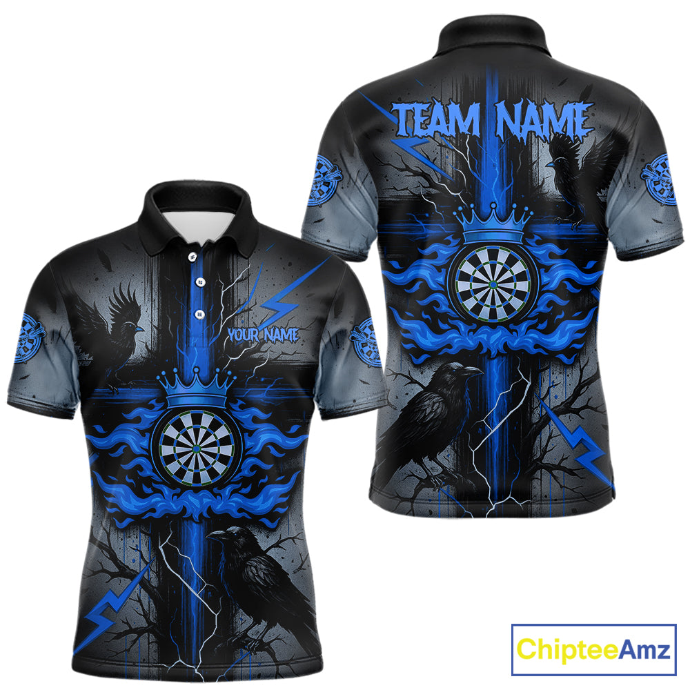 Personalized Raven Blue Flames Crown Darts Polo Shirts For Men Cross Dart Gothic Jerseys NYN2196