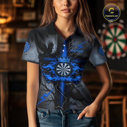 Personalized Raven Blue Flames Crown Darts Polo Shirts For Women Cross Dart Gothic Jerseys NYN2196