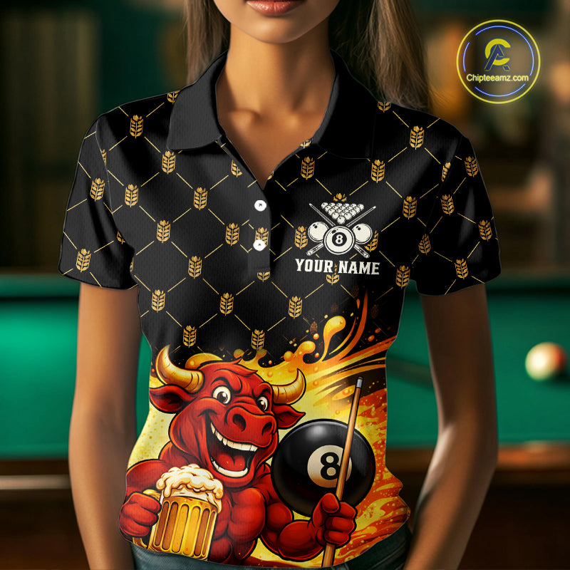 Beer & Funny Bull Play Pool 8 Ball Women Billiard Team Shirt Custom Billiard Polo & 1/4 Zip Attire NYN2475