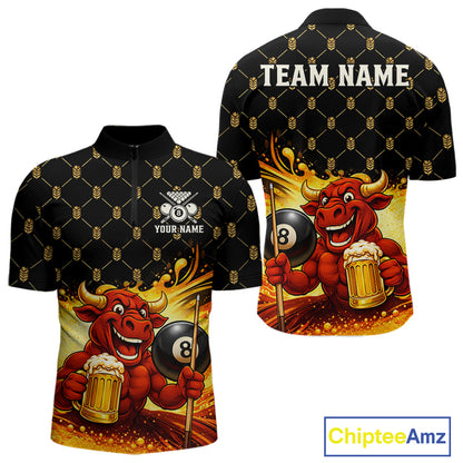 Beer & Funny Bull Play Pool 8 Ball Men Billiard Team Shirt Custom Billiard Polo & 1/4 Zip Attire NYN2475