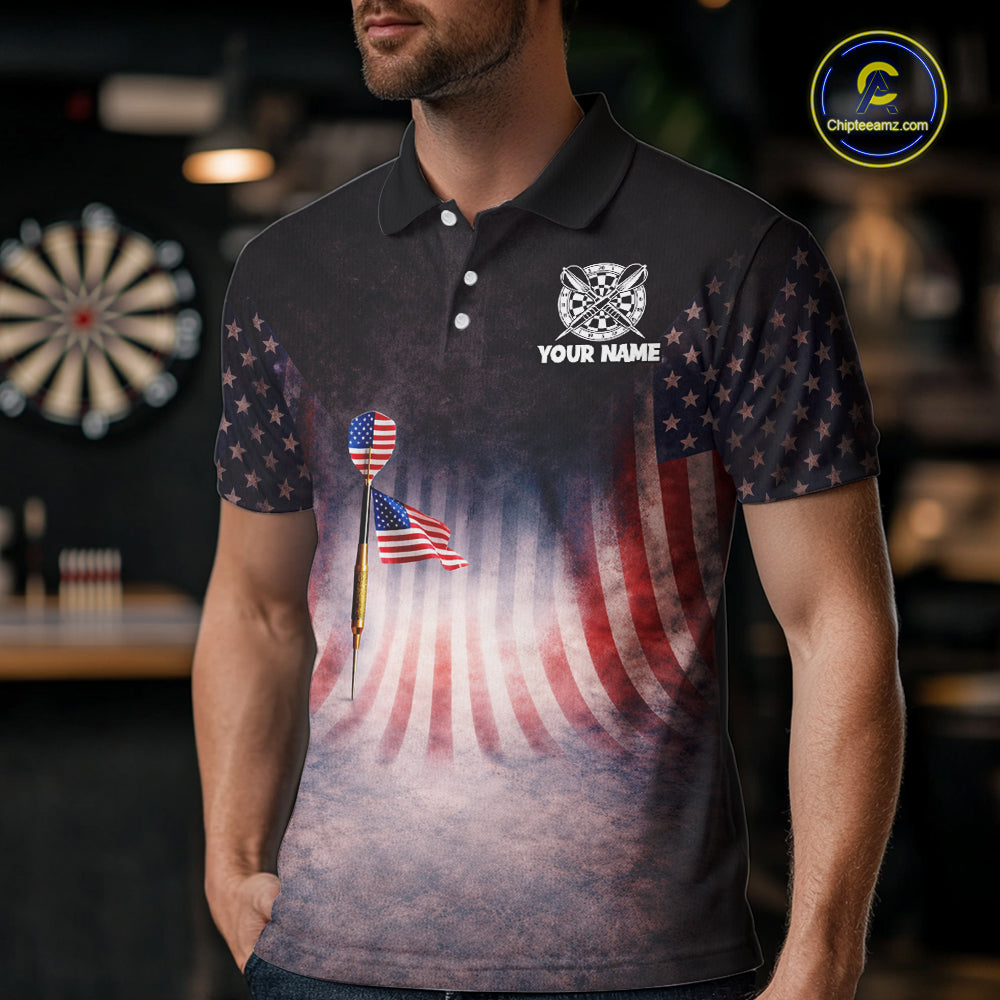 American Flag Grunge Dart Arrow Patriotic Dart Polo Shirts For Men Custom Name For Dart Players NYN2685