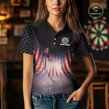 American Flag Grunge Dart Arrow Patriotic Dart Polo Shirts For Women Custom Name For Dart Players NYN2685