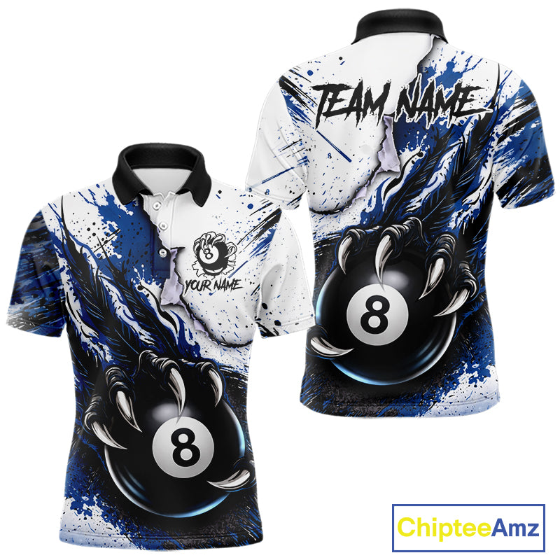 White And Blue Claws 8 Ball Billiard Pool Shirt For Men Custom Billiard Attire Team Jersey NYN3064