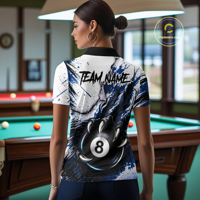 White And Blue Claws 8 Ball Billiard Pool Shirt For Women Custom Billiard Attire Team Jersey NYN3064