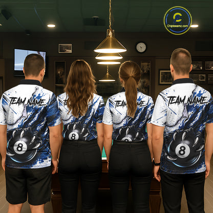 White And Blue Claws 8 Ball Billiard Pool Shirt For Men Custom Billiard Attire Team Jersey NYN3064