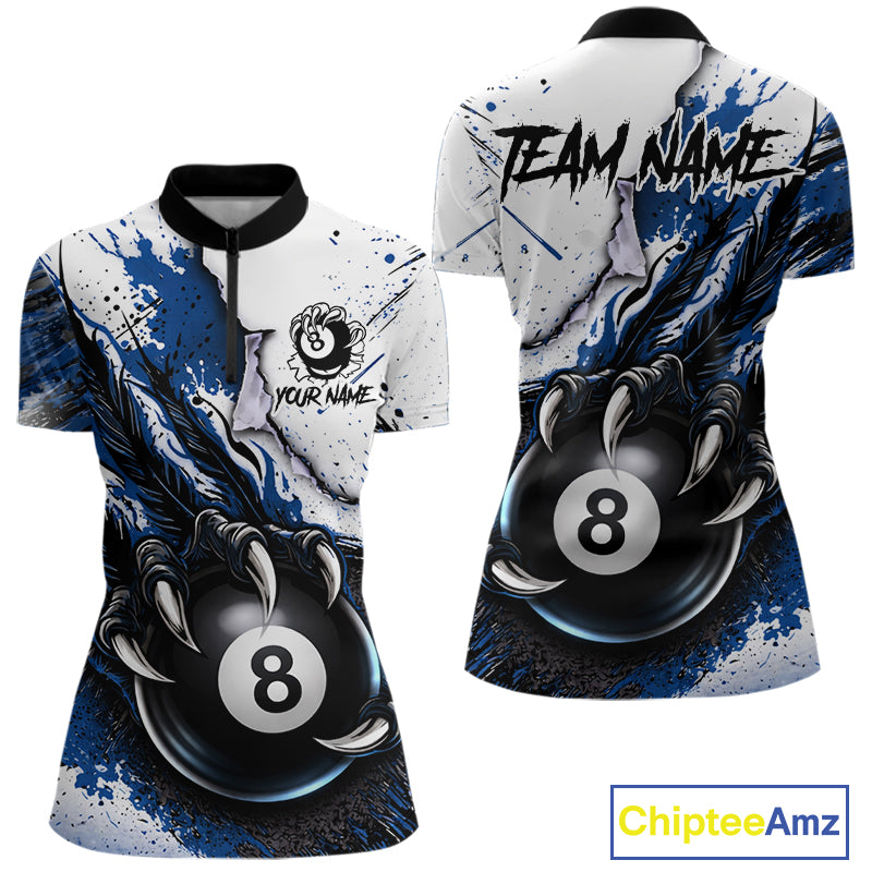 White And Blue Claws 8 Ball Billiard Pool Shirt For Women Custom Billiard Attire Team Jersey NYN3064
