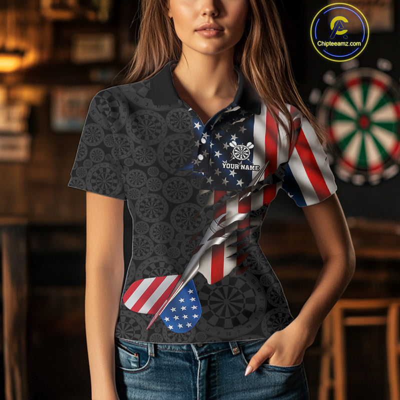 Custom American Flag Dart Arrow Black Dart Women Polo Shirt Patriotic Dart Team Jerseys NYN1625