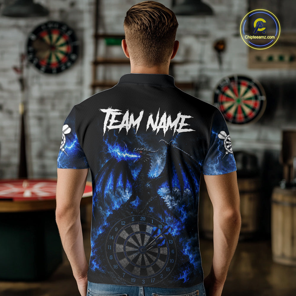 Man wearing thunder dragon blue dart shirt custom dart apparel