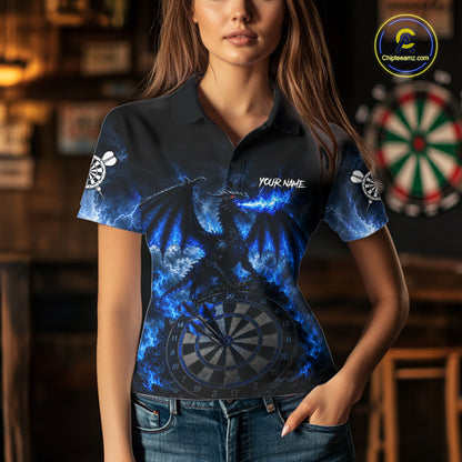 Woman wearing thunder dragon blue dart shirt custom dart apparel